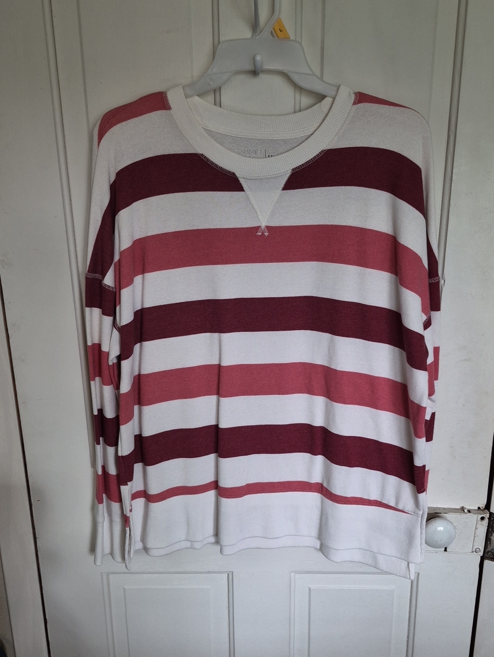 Time and Tru White and Maroon Striped Sweatshirt